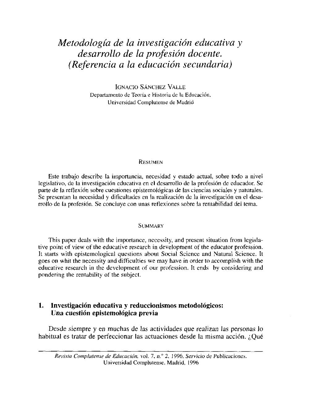 Metodologia de la investigacion educativa y desarrollo de la profesion docente